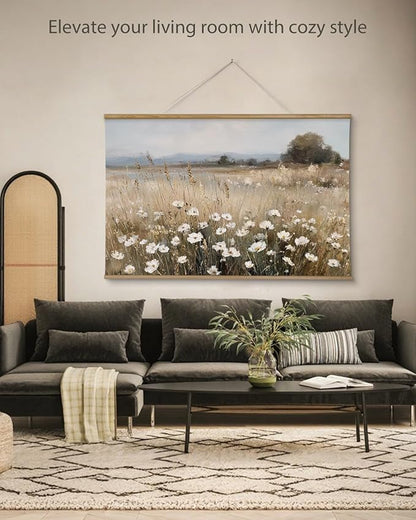 ARPEOTCY Extra Large Vintage Framed Wall Art, 36x54 Inch Wildflower Field Floral Landscape Hanging Canvas Prints Scroll Wall Art Decor for Living Room Bedroom, Retro Scenery Pictures Above of Bed