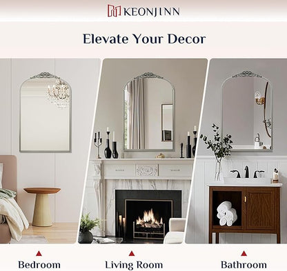 Keonjinn Vintage Mirror for Wall, 36" x 30" Silver Antique Mirrors with Metal Frame, Baroque Style Decoration for Mantle, Bathroom, Living Room, Fireplace, Bedroom, French Cleat Mounting