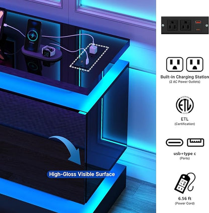 chartustriable 81IN LED TV Stands w/50 inch Fireplace Power Outlet for 90/85/80/75 Inch TVs,High Glossy Modern TV Media Console Gaming with 2 Storage Cabinets,Dual LED Lights,Black