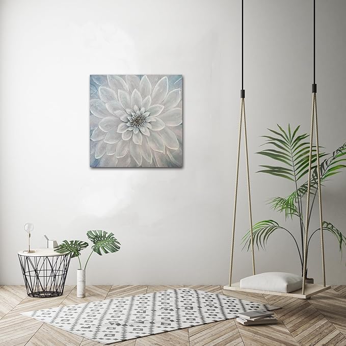 Waowumar Flowers Canvas Wall Art Blue and Gray Dahlia Pictures Contemporary Floral Textured Painting for Bedroom Living Room Decor