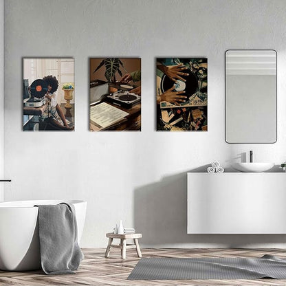 AOYUSMO 3 Piece Black Girl Wall Art African American Wall Decor Black Woman Canvas Art Fashion Music Pictures Dj Studio Paintings Trendy Artwork For Living Room Bedroom