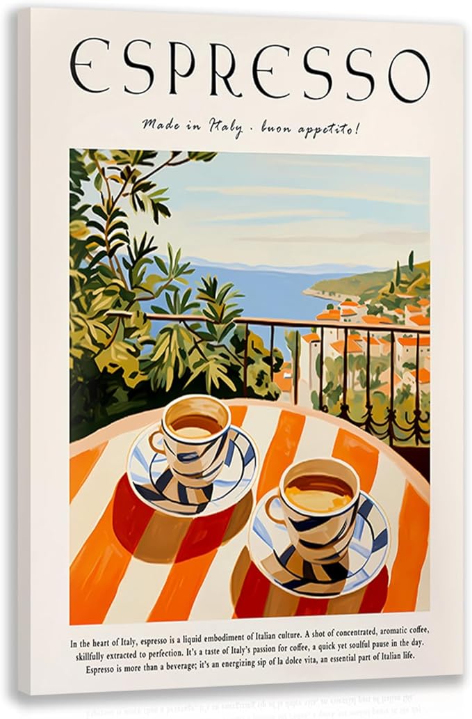 GELDSTEI Coffee Wall Art, Vintage Espresso Wrapped Canvas Print, Italian Coffee Poster Print, Cafe Bar Decoration, Retro Italian Cafe Wall Decor for Kitchen Dining Room Framed Ready to Hang 16x24 Inch