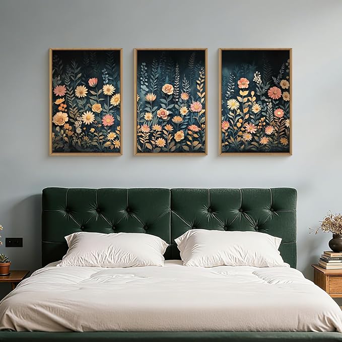 HPNIUB Moody Dark Wildflowers Framed Wall Art Set,Modern Botanical Floral Wall Decor,Dark Blue Colorful Flower Vibrant Printing,Nature Spring Flower Artwork for Living Room, Bedroom,Office-16''x24''x3