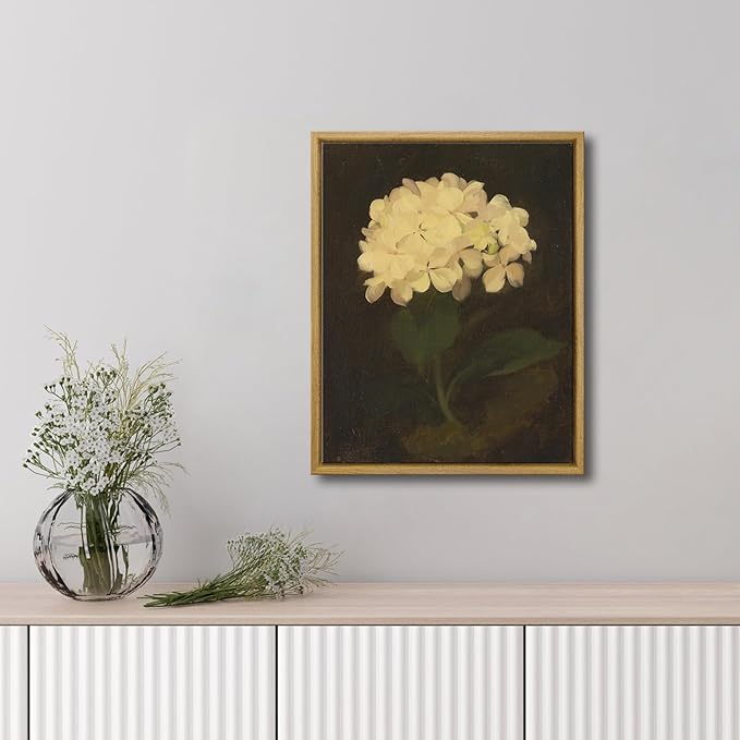 Pyradecor Vintage Retro Framed Wall Art White Hydrangea Oil Painting Canvas Prints Mid Century Living Room Decor for Farm House Bedroom Decorations