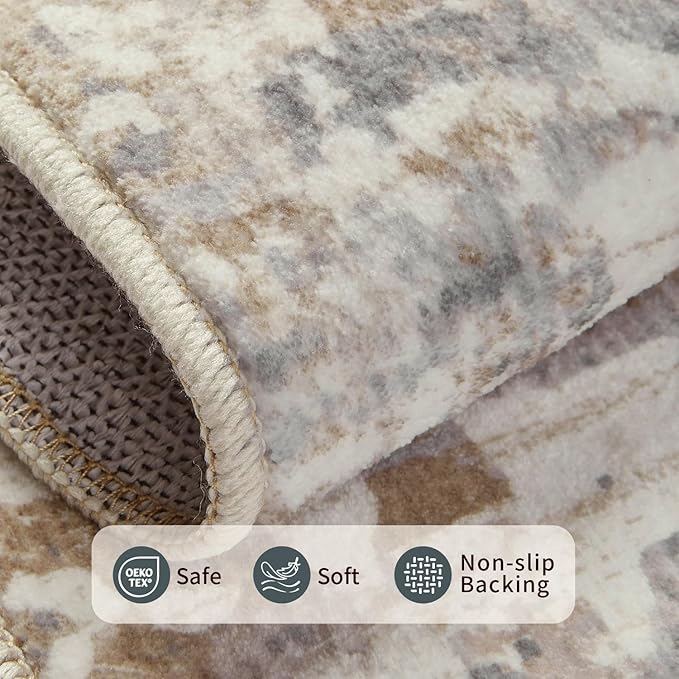 Rugxara 10x14 Extra Large Washable Area Rug, Soft Abstract Vintage Rug for Living Room, Bedroom, Office, Farmhouse, Low Pile Imitation Wool Non Slip Carpet Ideal for High-Traffic Areas, Beige Grey