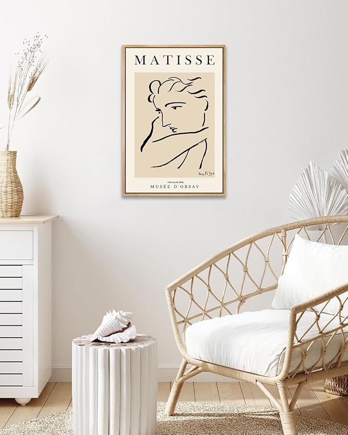 Zzuyi Henri Matisse Framed Wall Art,Black Beige Women Face Line Art,Boho Abstract Art Wall Decor,Matisse Posters for Aesthetic Room Decor-12''x16'' Natural Framed
