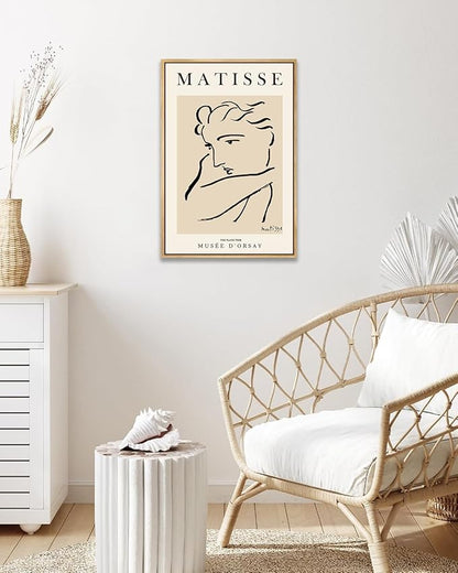 Zzuyi Henri Matisse Framed Wall Art,Black Beige Women Face Line Art,Boho Abstract Art Wall Decor,Matisse Posters for Aesthetic Room Decor-12''x16'' Natural Framed