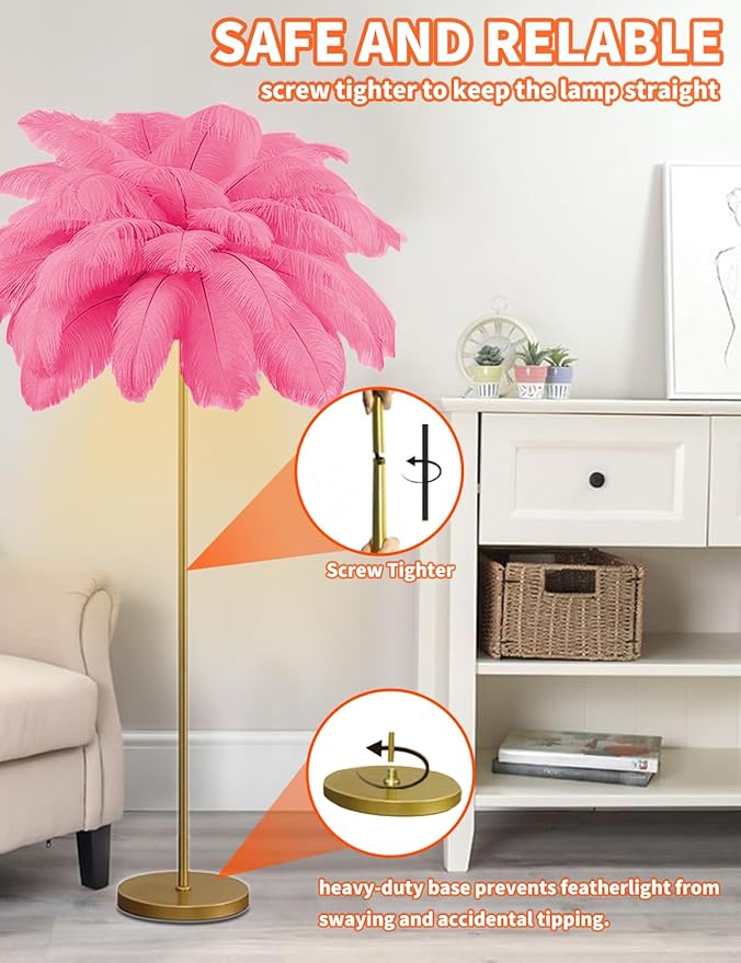 Feather Floor Lamp,Fluffy Ostrich Feather Floor Lamp for Bedroom,3 Color Temperatures Led Corner Modern Floor Lamps for Living Room Christmas Home Decor House Warming Gifts,63″ Height (Deep Pink)