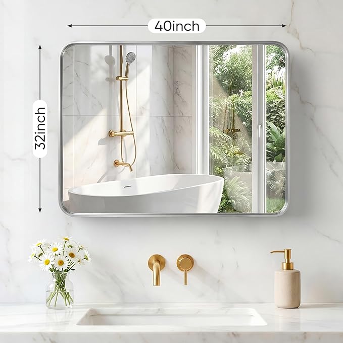 NEWBULIG 32X40 Inch Bathroom Mirror for Over Sink, Wall Vanity Mirrors Tempered Glass, Anti-Rust Metal Framed Rounded Rectangle, Hangs Horizontally or Vertically, Farmhouse Home Decor, Silvery