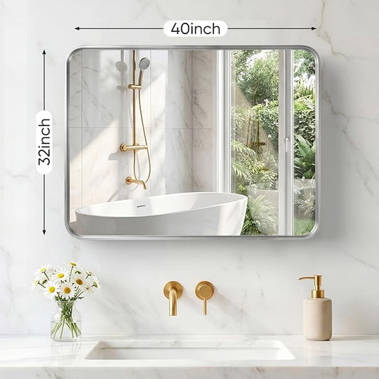NEWBULIG 32X40 Inch Bathroom Mirror for Over Sink, Wall Vanity Mirrors Tempered Glass, Anti-Rust Metal Framed Rounded Rectangle, Hangs Horizontally or Vertically, Farmhouse Home Decor, Silvery
