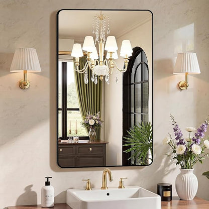 NEWBULIG 20X28 Inch Bathroom Mirror, Rectangle Wall Mirror with Rounded Corners, Black Vanity Mirrors for Bathroom Sink with Metal Frame for Bedroom, Entryway, Hangs Horizontally or Vertically