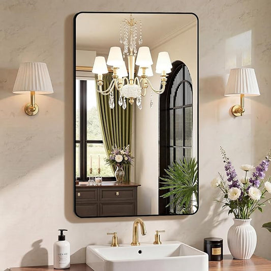 NEWBULIG 20X28 Inch Bathroom Mirror, Rectangle Wall Mirror with Rounded Corners, Black Vanity Mirrors for Bathroom Sink with Metal Frame for Bedroom, Entryway, Hangs Horizontally or Vertically