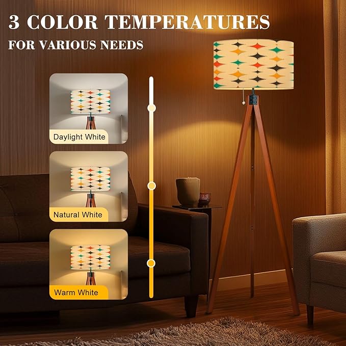 Wood Tripod Floor Lamp Mid Century Fifties Modern Stars Retro Colors Seamless Part Collection Mid Century Standing Lamp Linen Shade Dimmable Modern Tall lamp Home Decor for Living Room Bedroom Office