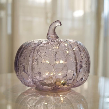 Handcrafted Lavender Crackle Glass Pumpkin Light, LED Battery Operated Table Décor with 6H Timer, Twinkle & Steady Modes, Elegant Fall & Holiday Decoration