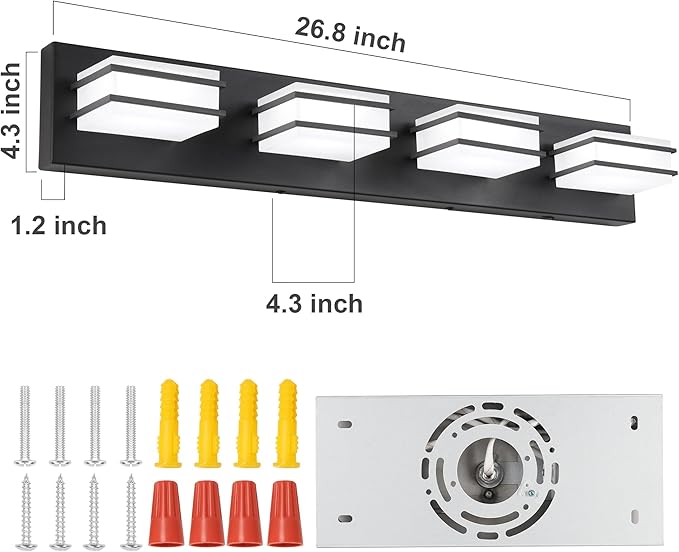 GOODATE 3 Color Temperature Dimmable Bathroom Light Fixtures Over Mirror, LED Black 4 Light Vanity Lighting Fixtures, Acrylic Stainless Steel Square Shade Vanity Lights for Bathroom, ETL Certificated