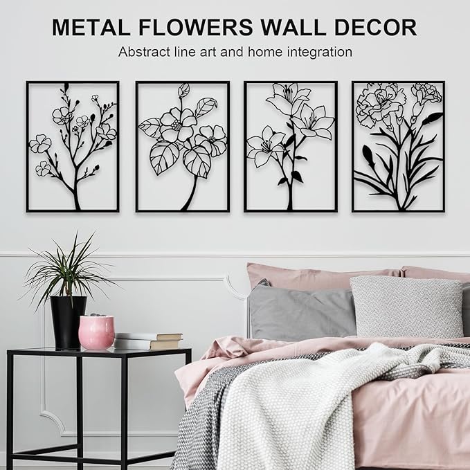 ZNZAPO 4 Pcs Black Metal Flower Wall Art, Abstract Line Art Wall Decor, Minimalist Floral Wall Hanging Art, 3d Wall Art Sculptures Decor for Living Room Bedroom Bathroom (11 × 15.7”)