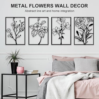 ZNZAPO 4 Pcs Black Metal Flower Wall Art, Abstract Line Art Wall Decor, Minimalist Floral Wall Hanging Art, 3d Wall Art Sculptures Decor for Living Room Bedroom Bathroom (11 × 15.7”)
