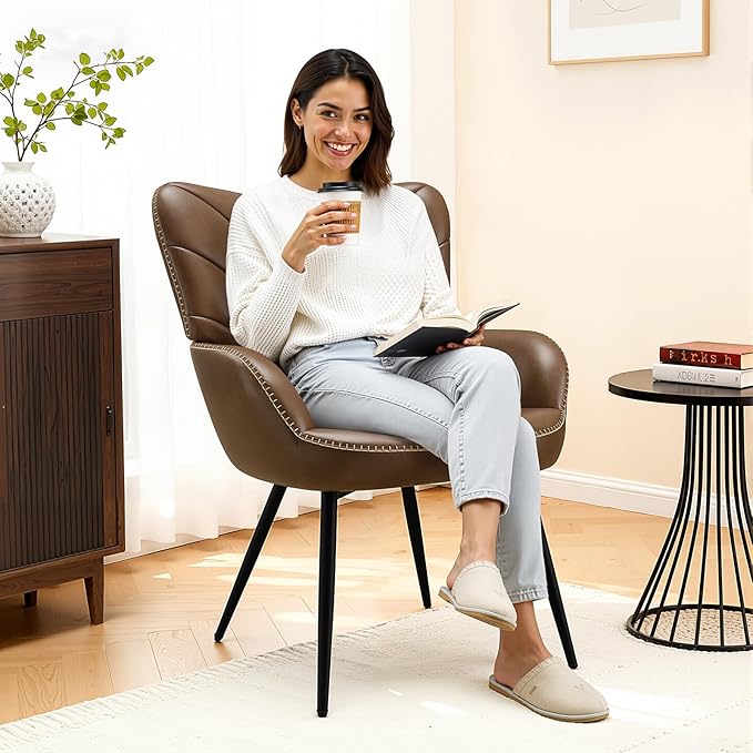 MALOL Modern Mid-Century Faux Leather Accent Chair, Upholstered Armchair with Curved Backrest, Sturdy Metal Base, Living Room, Bedroom & Reading Nook,Brown