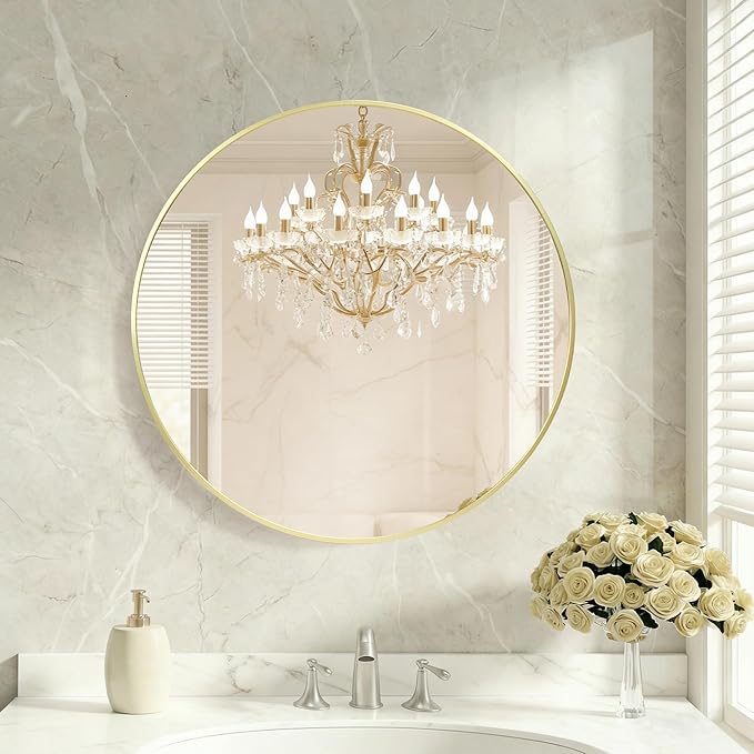DUMOS 20 Inch Round Wall Mirror, Bathroom Mirror with Metal Frame, HD Reflection Shatterproof Glass Vanity Mirror, Decor for Bathroom Vanity Bedroom Entryway, Glod