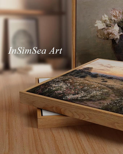 InSimSea Framed Canvas Prints Vintage Decor, Sunset Flower Field Landscape Paintings Wall Art, Large Countryside Farmhouse Hanging Wall Decor for Living Room Bedroom, 24x36inch