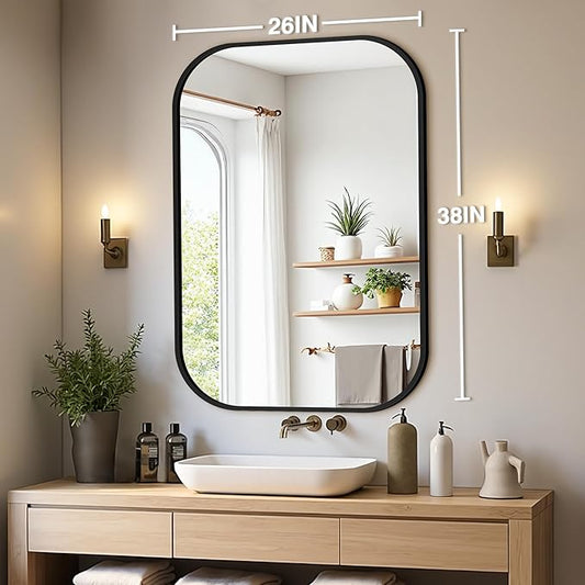 Bathroom Mirror for Wall, Black Bathroom Vanity Mirror for Over Sink 26 x 38, HD Reflection Shatterproof Mirror for Living Room Bedroom Entryway, Metal Frame Rectangular Shape