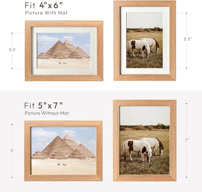 5x7 Wood Picture Frame, Solid Oak 5x7 Photo Frames with Mat to 4x6(Openning Size is 3.6x5.6), 7x5 Natural Oak Frame for Wall and Tabletop Display, Set of 3