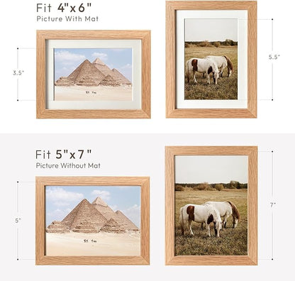 5x7 Wood Picture Frame, Solid Oak 5x7 Photo Frames with Mat to 4x6(Openning Size is 3.6x5.6), 7x5 Natural Oak Frame for Wall and Tabletop Display, Set of 3