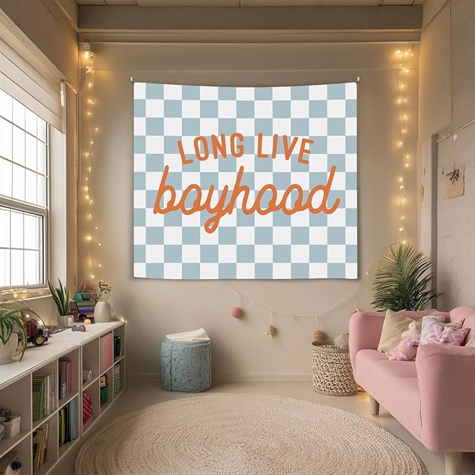 Vintage Blue Checkerboard Wall Tapestry – Long Live Boyhood Soft Flannel Tapestry ，Preppy Boys Bedroom Dorm Room Decor for Boy Bedroom Living Room,Birthday Party Wall Art Decoration 59x51 inch (Blue-Boyhood)