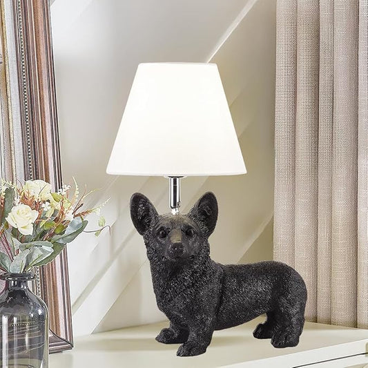 Black Corgi Table Lamp Modern Resin Puppy Desk Lamp Aesthetic Linen Bedside Lamp for Night Stands Living Room Bedroom Corner Kid’s Room Decor