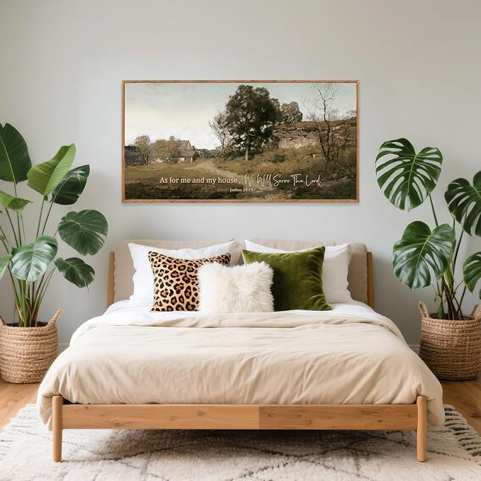 Aurlan As For Me and My House We Will Serve the Lord Wall Art(40"x20"), Farmhouse Jesus Christian Joshua 24:15 Bible Verse Scripture Canvas Artwork, Vintage Retro Cottage Country Nature Landscape Decor for Dining Room Home