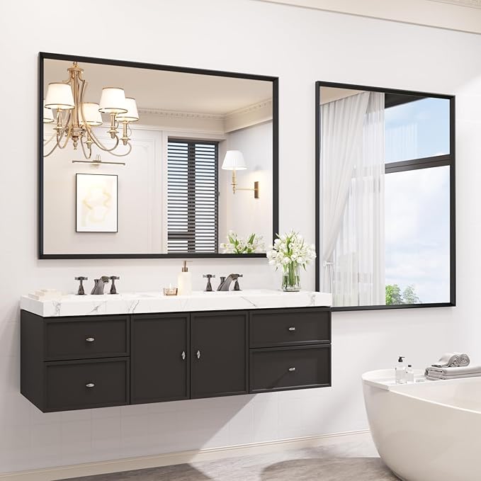JISOSO 40x36 Inch Bathroom Mirror, Matte Black Framed Rectangle, 4MM Tempered Glass, Anti-Rust, Wall-Mounted Vanity Mirror for Bathroom & Bedroom - Hangs Horizontally or Vertically