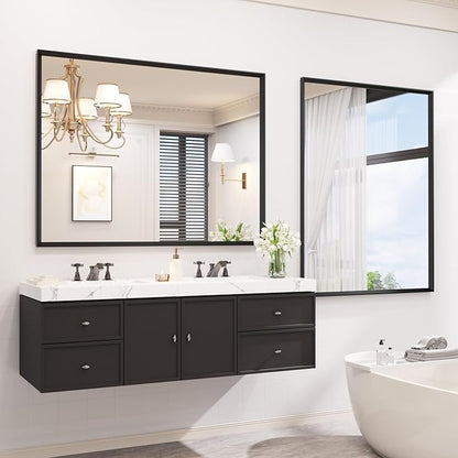 JISOSO 40x36 Inch Bathroom Mirror, Matte Black Framed Rectangle, 4MM Tempered Glass, Anti-Rust, Wall-Mounted Vanity Mirror for Bathroom & Bedroom - Hangs Horizontally or Vertically