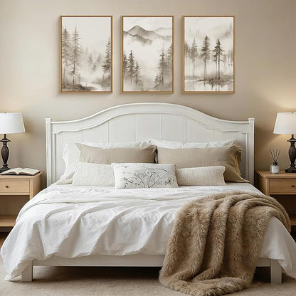 HPNIUB Foggy Mountain Forest Framed Wall Art Set, Abstract Misty Woodland Wall Decor,Neutral Pine Tree Farmhouse Art Print,Modern Nature Landscape Artwork for Living Room, Bedroom,Office-16''x24''x3
