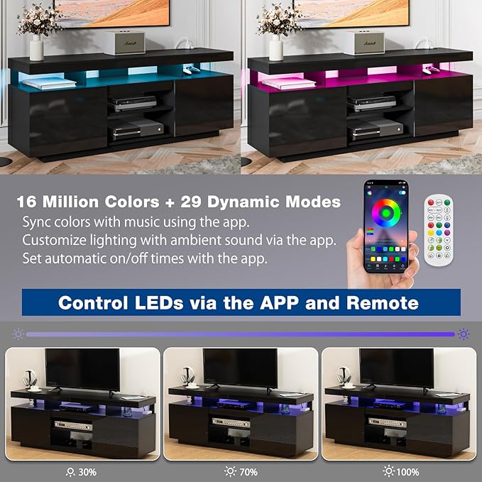 HOMMPA 75 Inch LED TV Stand, Modern Tall Entertainment Center with Power Outlets for Living Room, Bedroom, High Gloss Black TV Console with Storage, Gaming Media Cabinet for 75/70/65/55 Inch TVs