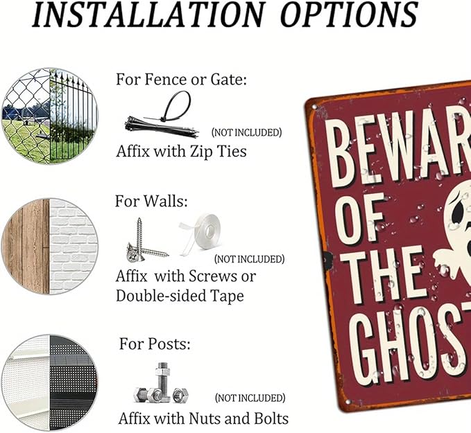 Beware of the Ghost Halloween Metal Tin Sign Vintage Rustic Wall Decor for Halloween Parties Haunted Houses Man Caves and Entryways Decorative Signs Metal Poster 8x12 Inch