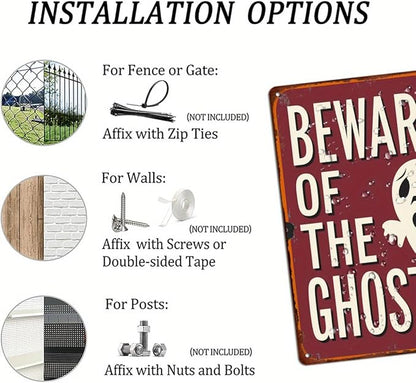 Beware of the Ghost Halloween Metal Tin Sign Vintage Rustic Wall Decor for Halloween Parties Haunted Houses Man Caves and Entryways Decorative Signs Metal Poster 8x12 Inch