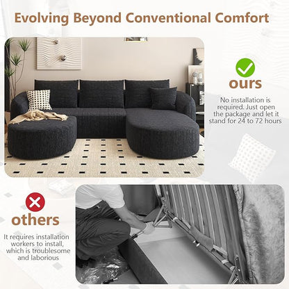 Settab 111" Modular Sectional Couches Luxury Modern Curved Back U-Shape Sofa Set with Ottoman,Minimalist Comfy Boneless Cloud Couch for Living Room Apartment,(Right Facing Chaise,Black)