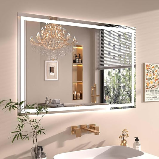 Snowdool 48"X30" LED Bathroom Mirror with Front Lights and Backlit, Anti-Fog, Dimmable, Shatter-Proof Tempered Glass, Lighted Bathroom Vanity Mirror for Wall with 3 Colors, Memory Function
