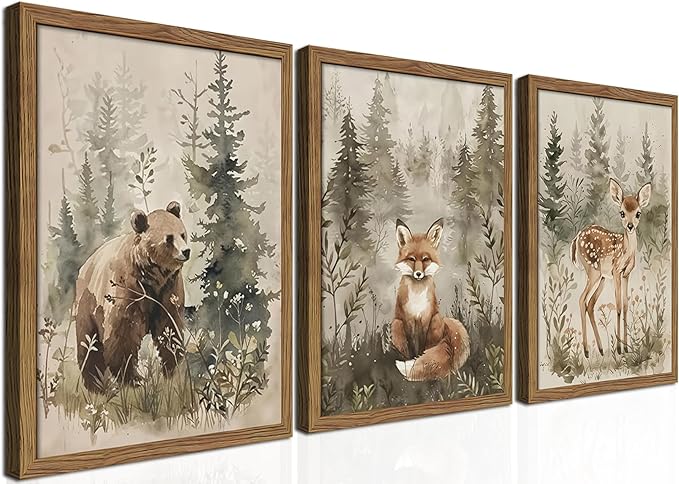 Framed Woodland Wall Art Nursery Decor Set of 3, Cute Wild Animals Bear Fox Deer Canvas Wall Art, Nature Watercolor Prints, Animal Pictures Wall Decor for Baby Room Kids Bedroom – 16x24 inch