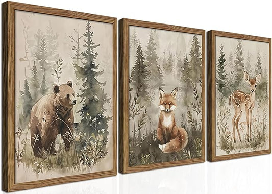 Framed Woodland Wall Art Nursery Decor Set of 3, Cute Wild Animals Bear Fox Deer Canvas Wall Art, Nature Watercolor Prints, Animal Pictures Wall Decor for Baby Room Kids Bedroom – 12x16 inch