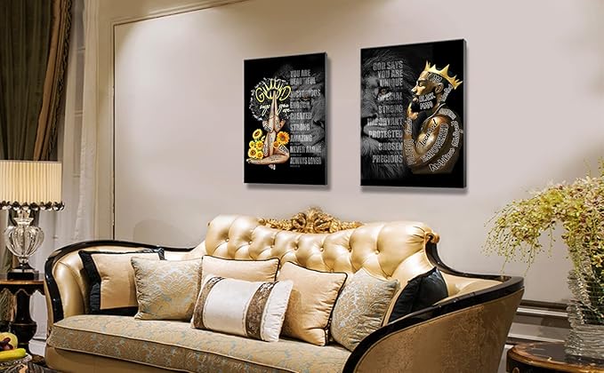 2 Pecs Framed Black King and Queen Wall Art Black Couple African American Men Portrait Wall Art Black Men Art Afro King Poster Abstract Contemporary Canvas Prints Painting Home Decor for Bedroom
