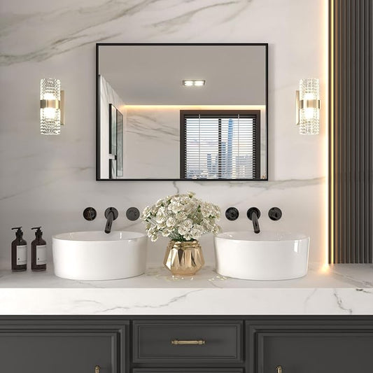 LOAAO 40"X32" Black Rectangle Bathroom Mirror Wall, Matte Black Aluminum Alloy Frame, Tempered Glass, Hangs Vertically or Horizontally, Easy to Install