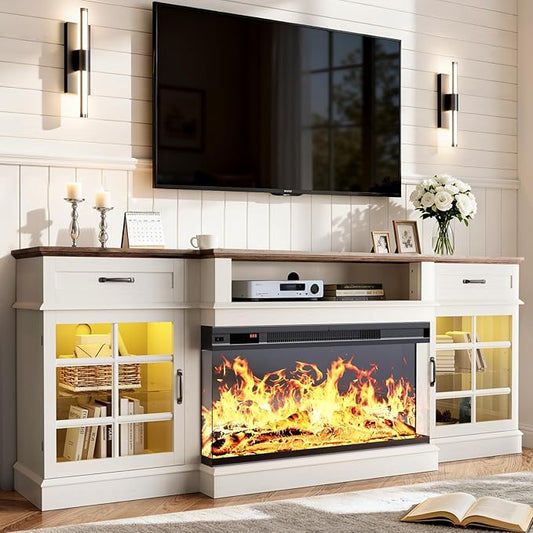 80" TV Stand with 36" Electric Fireplace, Entertainment Center Console Table for TV up to 90'', Fireplace TV Stand with Open Storage Shelves and Glass Door for Living Room, White