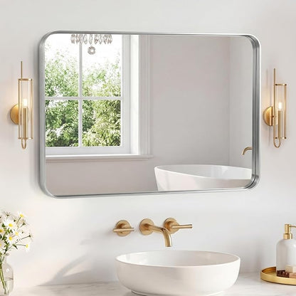 NEWBULIG 30X40 Inch Bathroom Mirror for Over Sink, Wall Vanity Mirrors Tempered Glass, Anti-Rust Metal Framed Rounded Rectangle, Hangs Horizontally or Vertically, Farmhouse Home Decor, Silvery