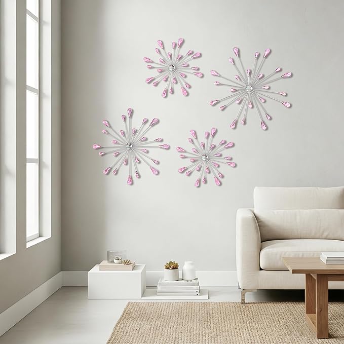 ZEXUIRU 4 Pcs Pink Starburst Wall Decor Metal Bling Wall Art Crystal Accents 3D Modern Decoration Glam Hanging Sculptures for Living Room Bedroom Office Teen Girl Room – Easy to Hang Home Decor Set