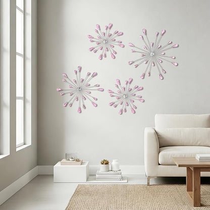 ZEXUIRU 4 Pcs Pink Starburst Wall Decor Metal Bling Wall Art Crystal Accents 3D Modern Decoration Glam Hanging Sculptures for Living Room Bedroom Office Teen Girl Room – Easy to Hang Home Decor Set