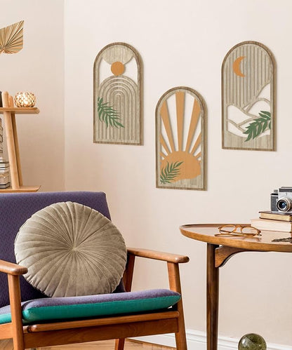 Putuo Decor Boho Plant Wall Art, Wood Modern Minimalist Wall Decor, Abstract Sun Inspired Room Decorations 16x8 In Mid Century Artwork for Living Room Bedroom Office in Sunrise Earthtone Set of 3