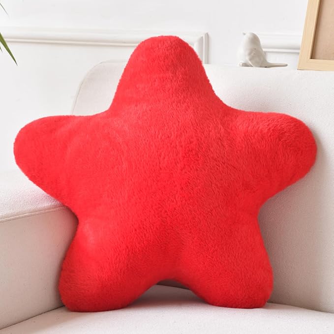 Star Pillow, Decorative Throw Pillows for Bed Couch, 15" Star Shaped Pillow Plush Floor Cushions Room Decor Pillow with Faux Rabbit Fur for Sofa Bedroom Living Room (Red, 19.6" x 19.6")