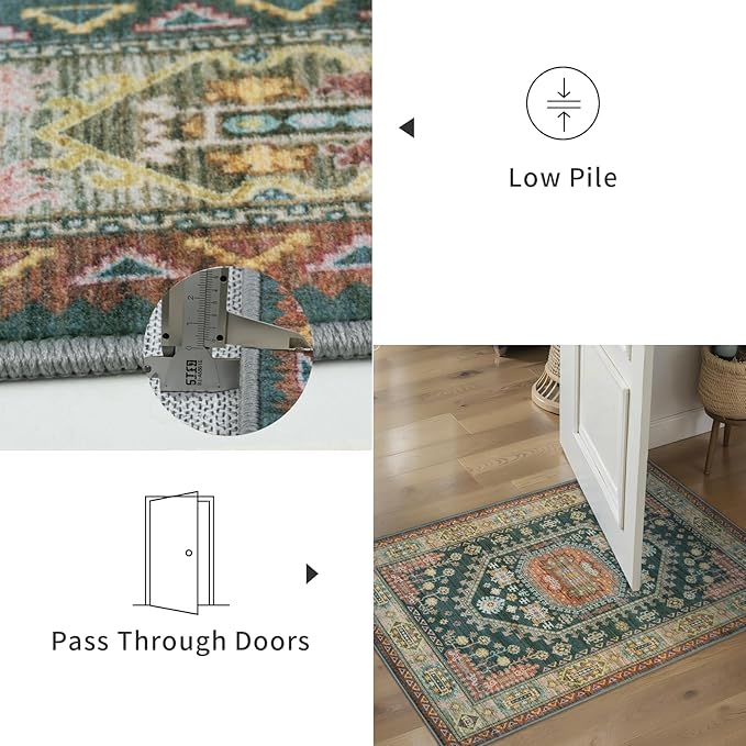 Tangsoo Vintage Rug 2x3 Small Area Rug for Entryway, Washable Entry Door Carpet Non-Slip Rubber Backing Indoor Throw Mat for Front Porch Entrance Kitchen,Yellow Green Multi Doormat
