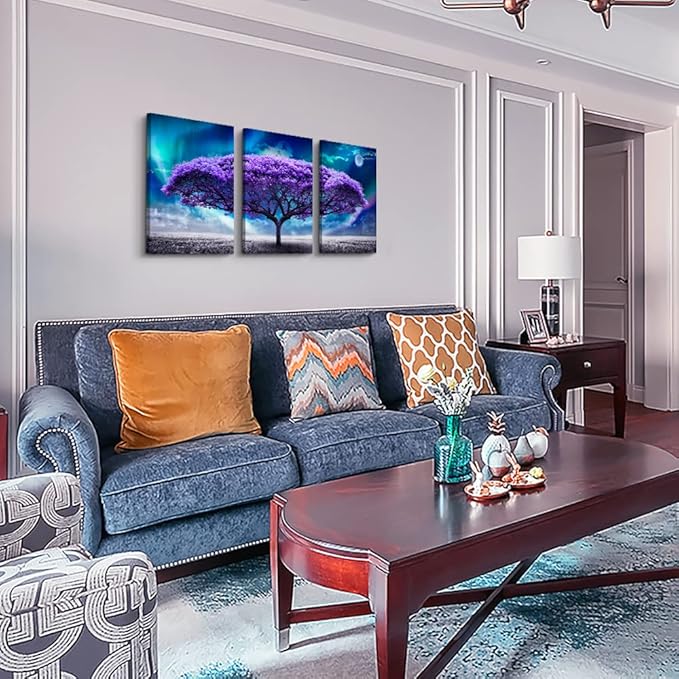 Lapremoly Canvas Wall Art For Living Room Boho Decor Bedroom Farmhouse Pictures Aurora Purple Tree Scenery Paintings Office Prints Modern Dormitory Home Decorations 16'' X 24'' 3 Piece
